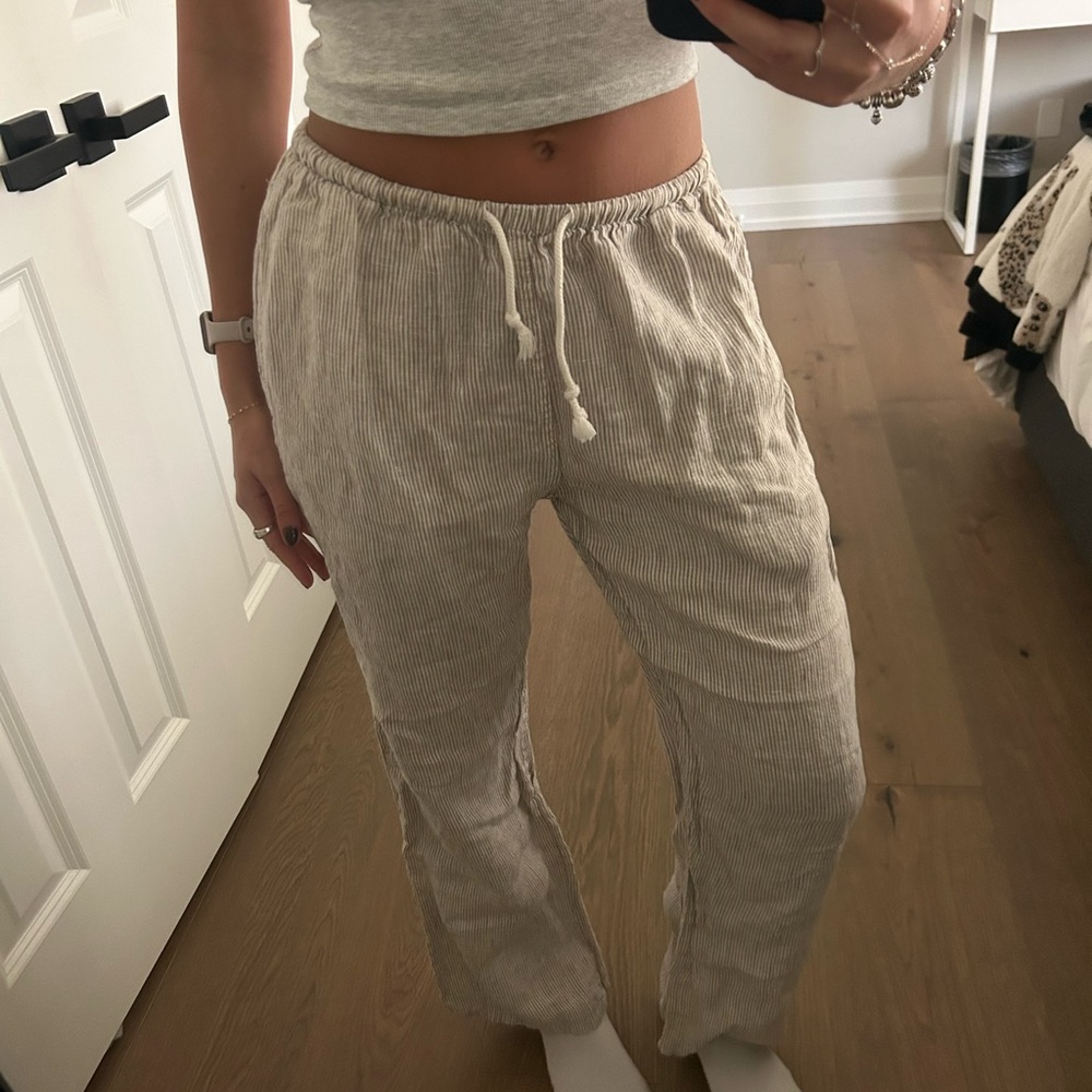 Brandy Melville Linen Beige Striped Pant
